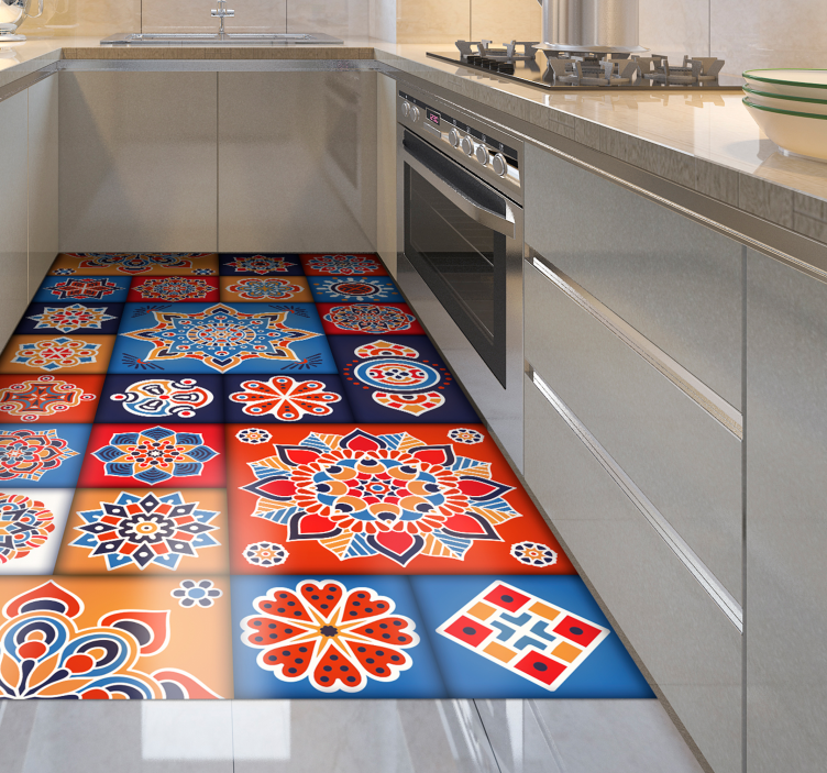 colorful floral tiles kitchen floor tiles - TenStickers