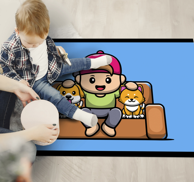 Cute boy with pets animal rug - TenStickers