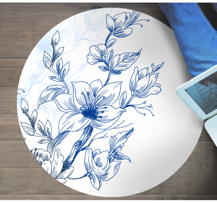 Blue botanical sketch floral vinyl rug - TenStickers
