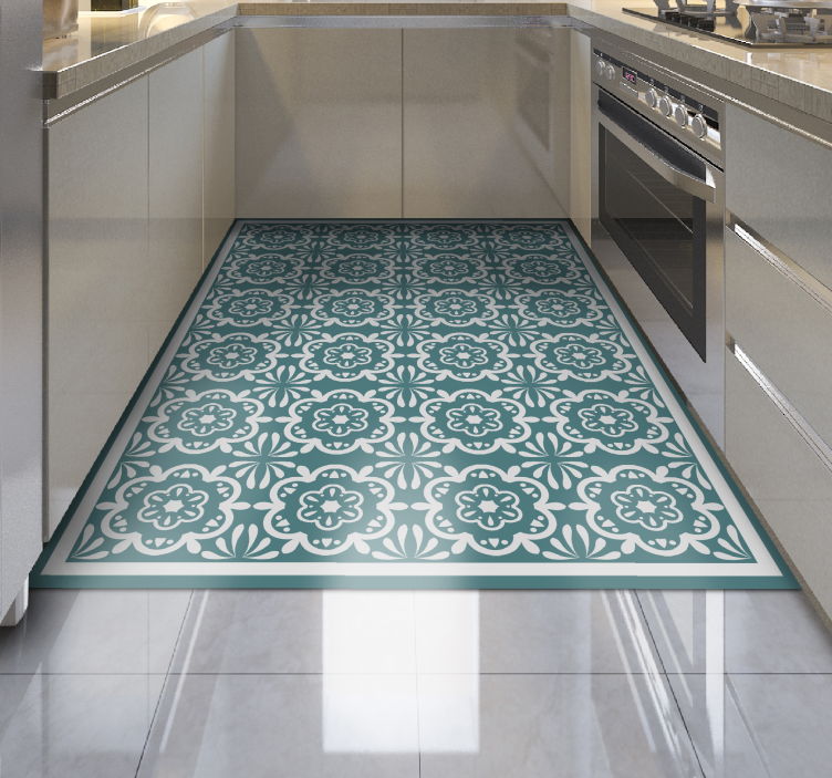 Teal Floral Design kitchen vinyl rug - TenStickers
