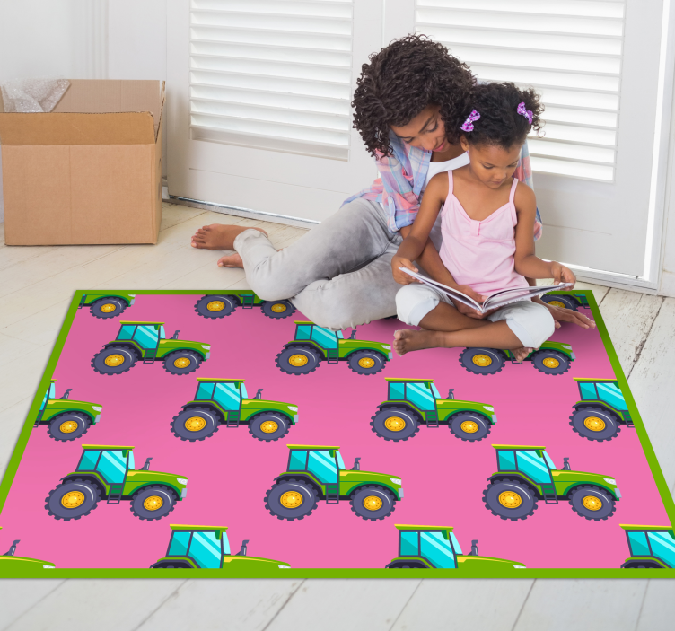 Tractors on pink background kids vinyl rug - TenStickers