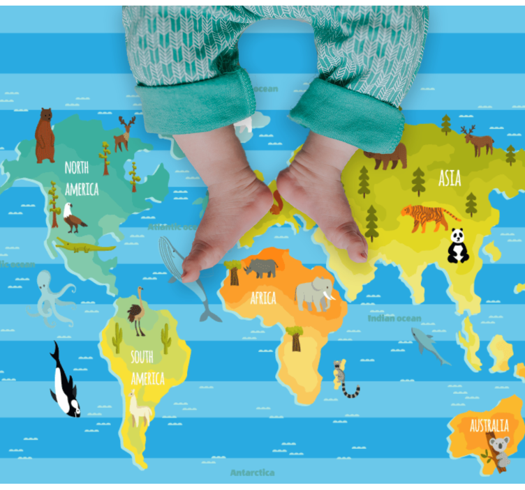 Typical animals in the continents world map rug - TenStickers