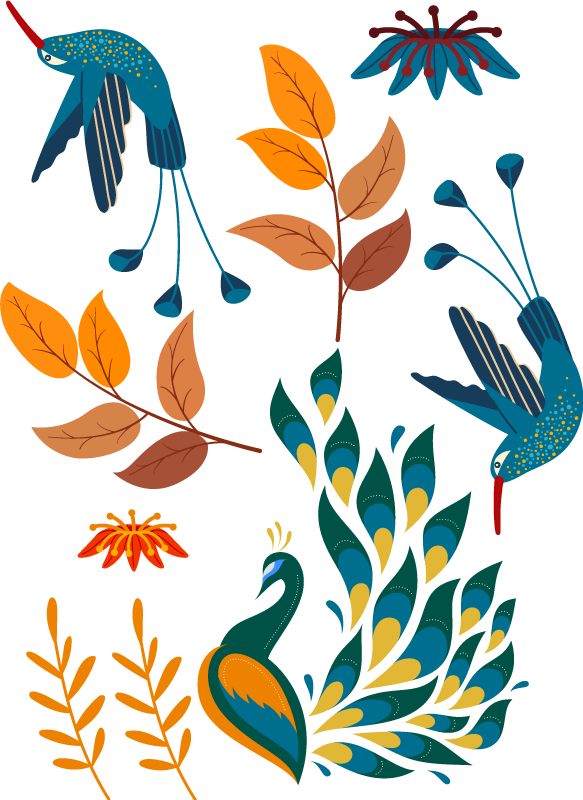 Animal vinyl rug with tengango style birds and plants - TenStickers