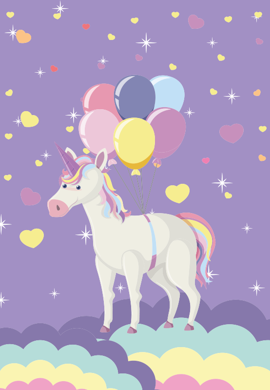 Purple unicorns balloons kids vinyl rug - TenStickers