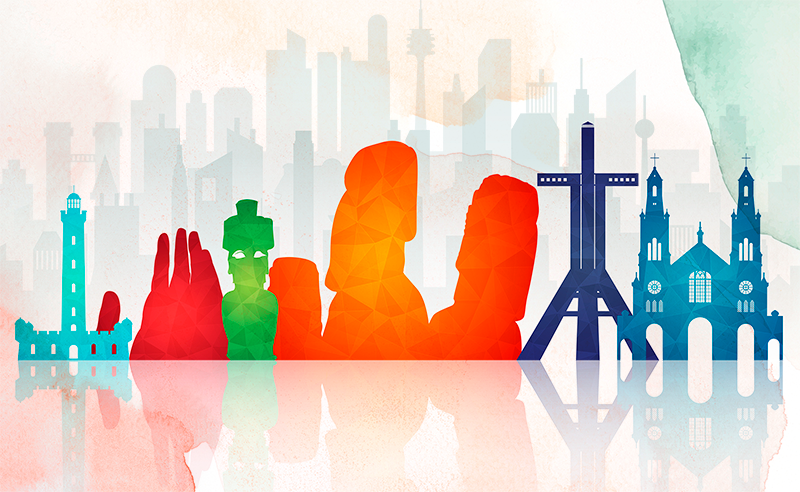 Colorful Skyline Silhouettes office vinyl rug - TenStickers