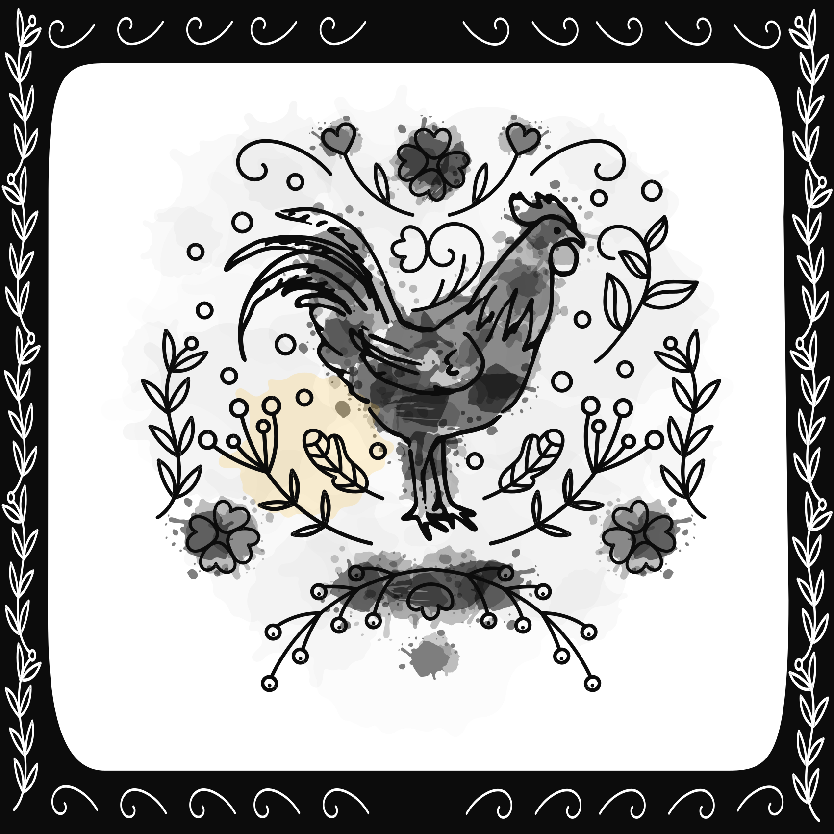 Black floral rooster animal vinyl rug - TenStickers