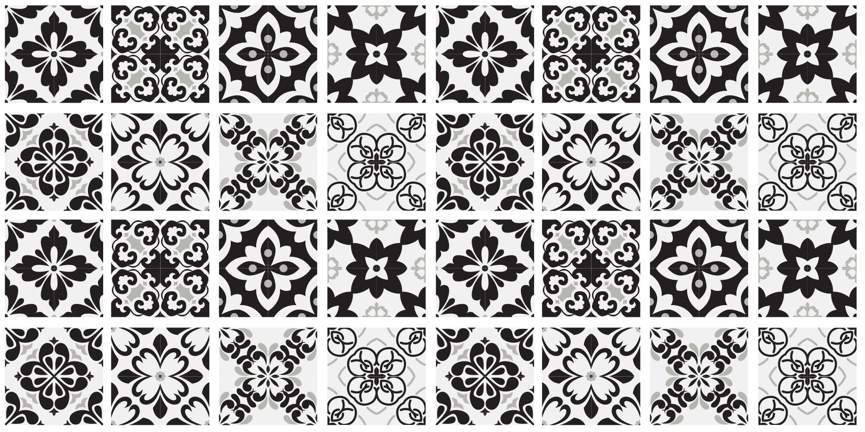 black and white hydraulic kitchen vinyl rug - TenStickers