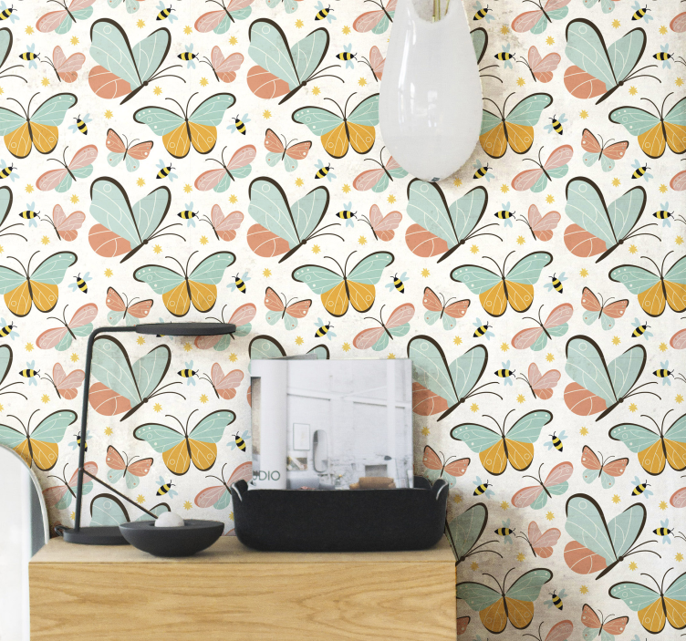 Bees pattern butterflies wallpaper - TenStickers