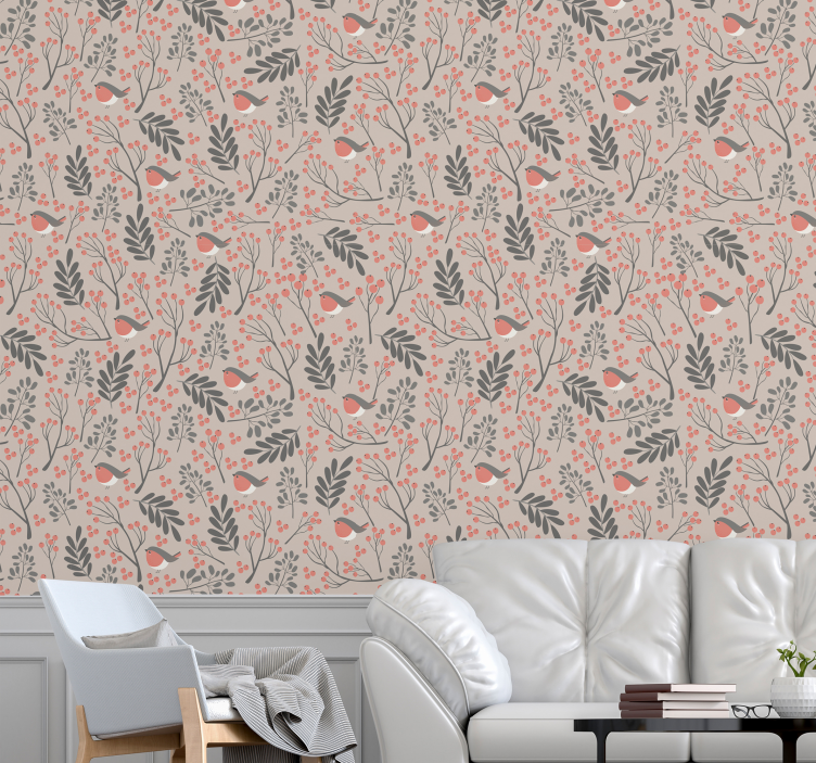 Birds and blooms living area wallpaper - TenStickers