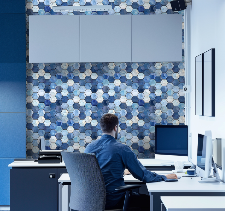 Blue tiles effect wallpaper office - TenStickers