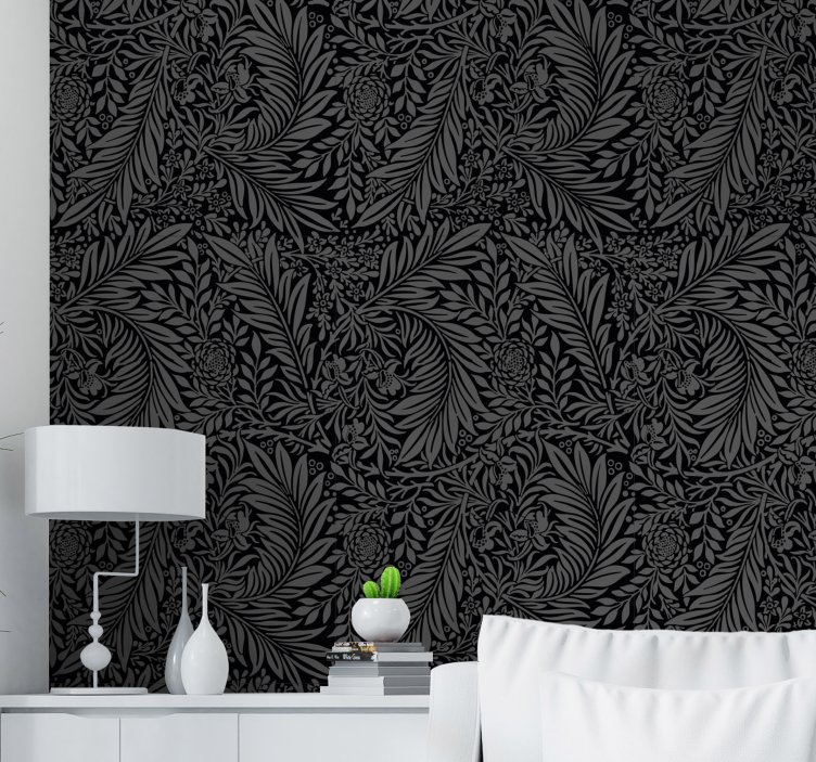 Black botanical leaves living area wallpaper - TenStickers