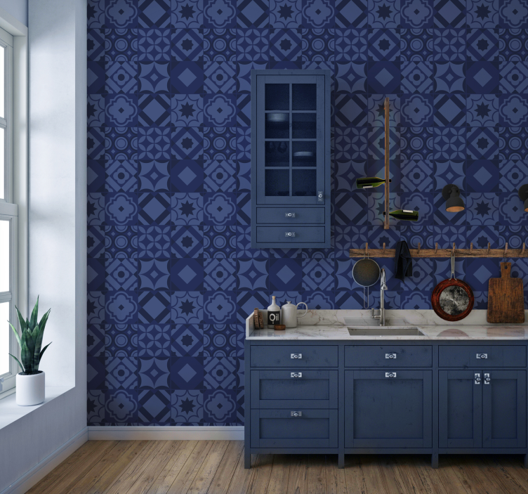 Navy blue tiles kitchen wallpaper - TenStickers