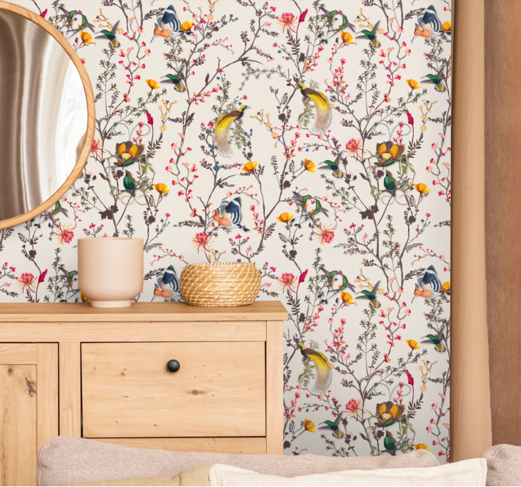 Colorful beige pattern birds in wallpaper - TenStickers