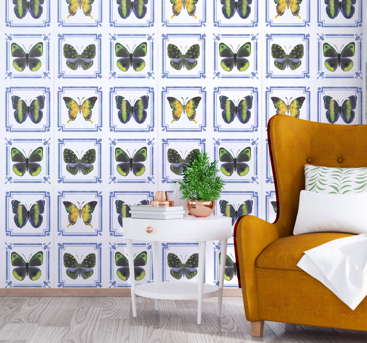 Blue Tile Pattern butterflies wallpaper - TenStickers