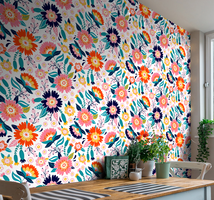 Colorful floral motif flowers wallpaper - TenStickers