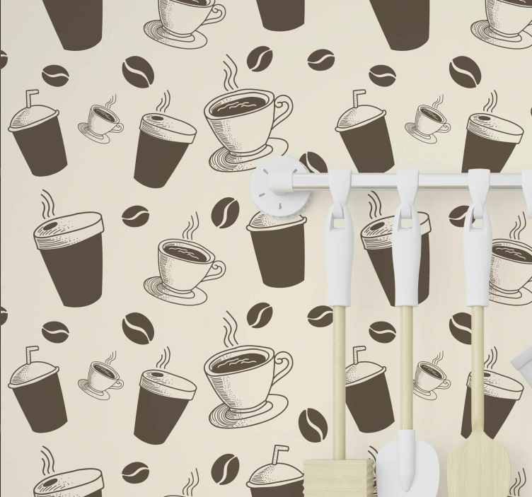 Coffee bean and cups pattern kitchen wallpaper - TenStickers