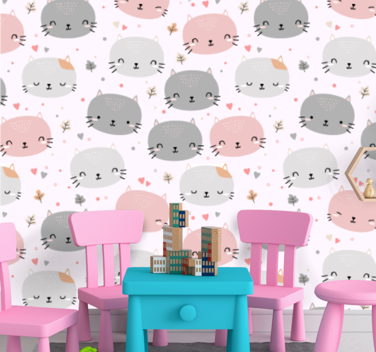 Cute hand drawn pink faces of cat wallpaper - TenStickers