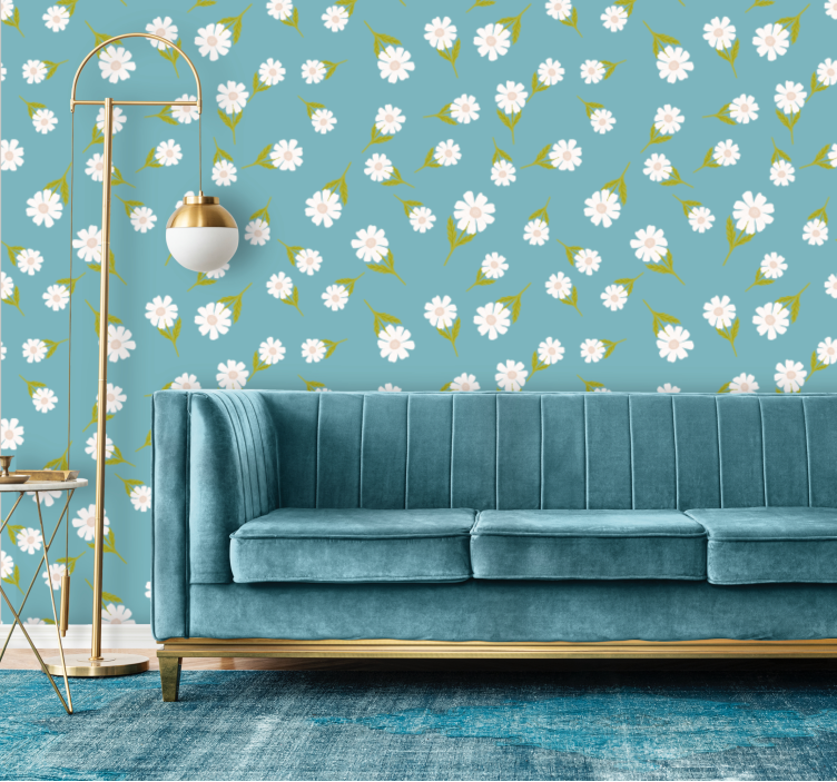 Turquoise daisy scatter flowers wallpaper - TenStickers
