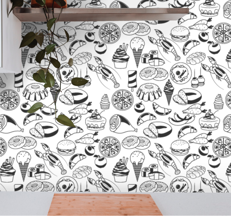 Black and white food pattern kitchen wallpaper - TenStickers