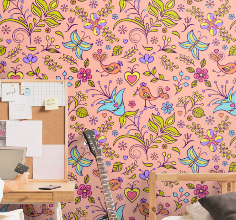 Floral Bird Motif ornamental wallpaper - TenStickers