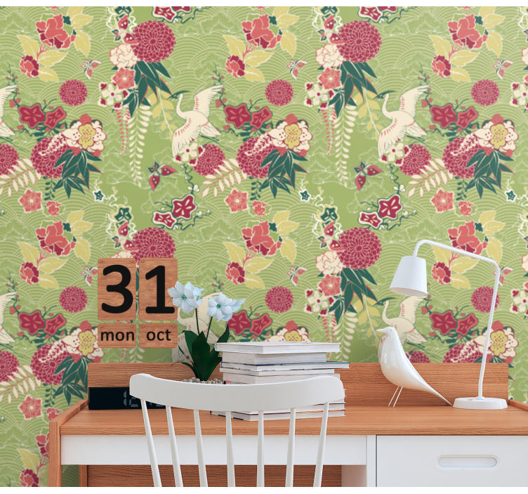 Floral Crane Motif flowers wallpaper - TenStickers