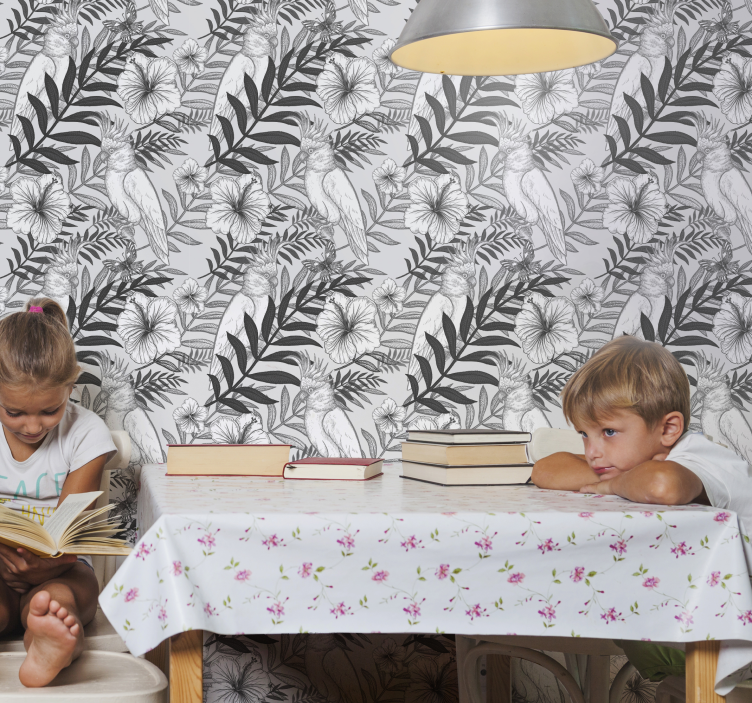 Floral Monochrome Sketch jungle themed wallpaper - TenStickers