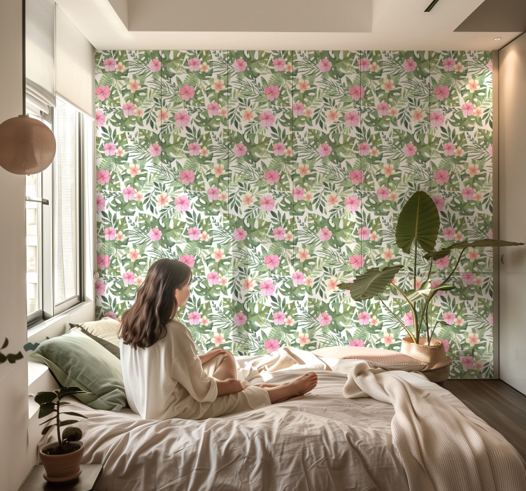 Floral tropical pattern leaves wallpaper - TenStickers
