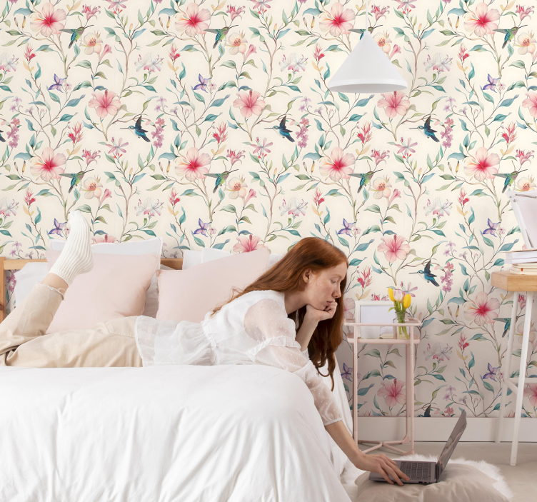 Flowers and hummingbirds pattern floral wallpaper - TenStickers