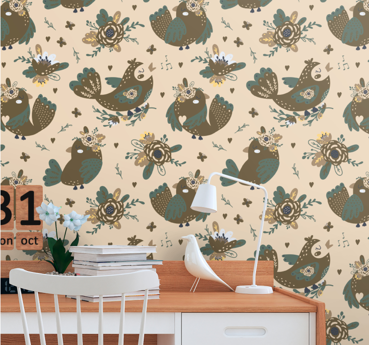 Folksy Avian Design birds in wallpaper - TenStickers