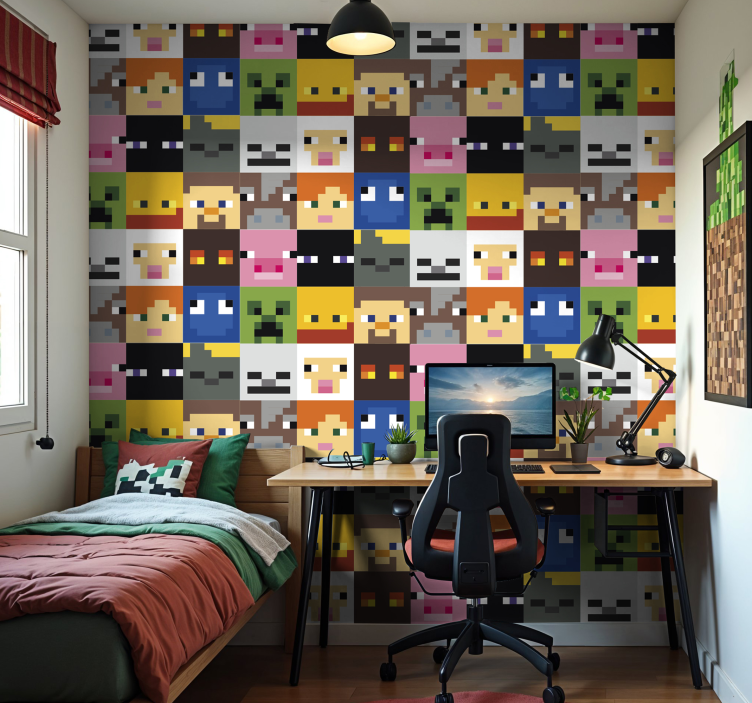 Gaming pixeled faces wallpaper teenage bedroom - TenStickers