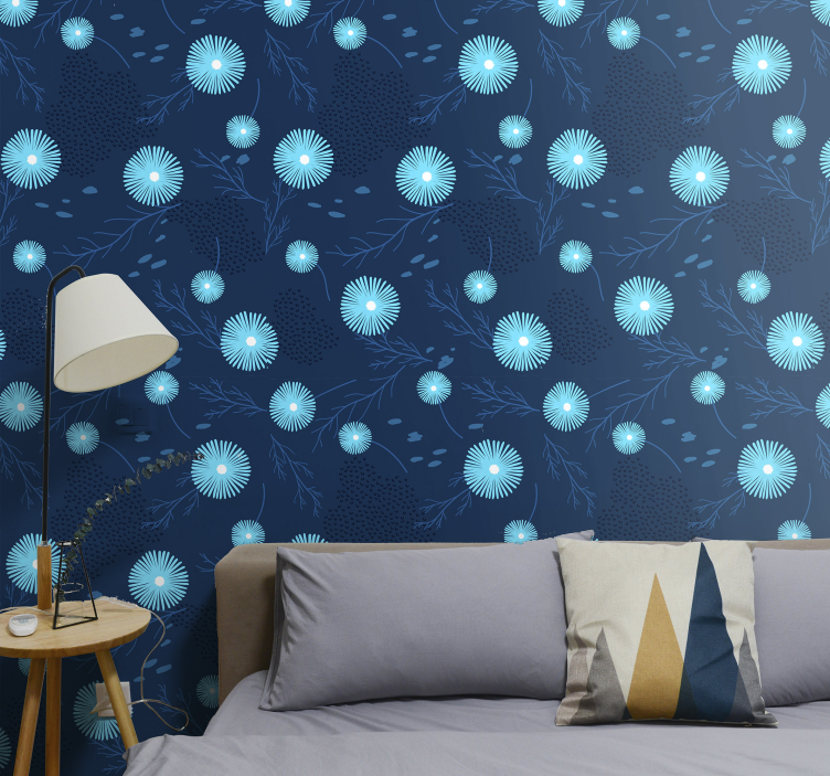Light blue flowers on dark blue wallpaper - TenStickers