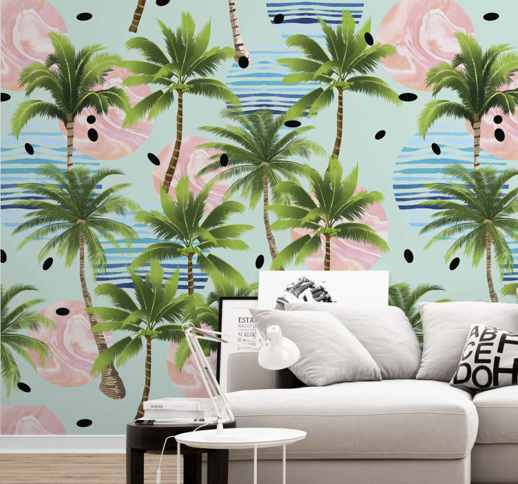 Palm trees on marble sun jungle themed wallpaper - TenStickers