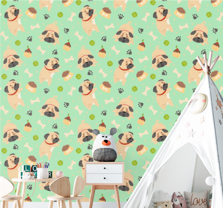 Pug Pattern Play cute dog wallpaper - TenStickers