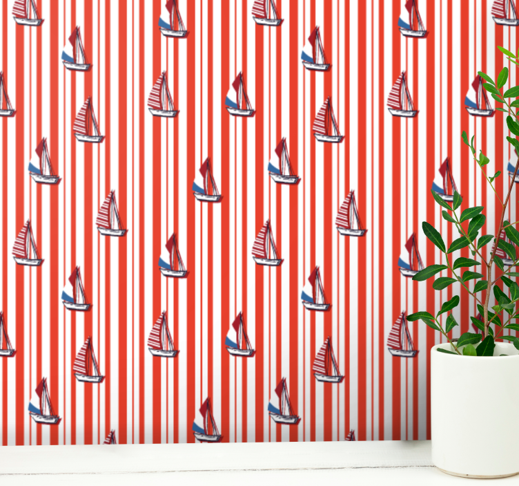 Sailboat red pattern wallpaper vertically striped - TenStickers