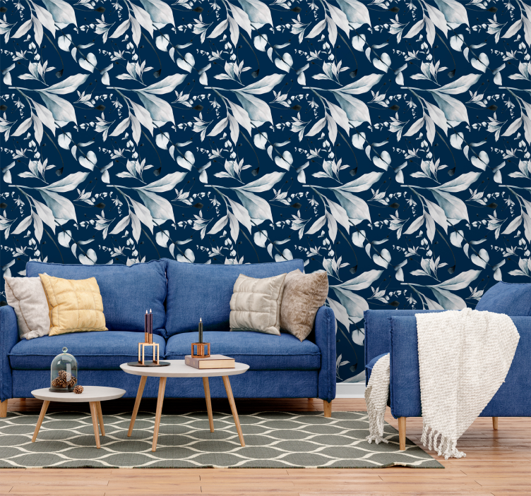 white leaves Navy wallpaper - TenStickers